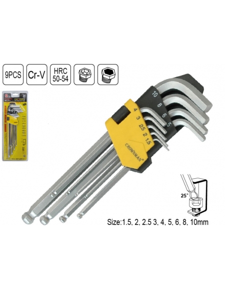 JEU 9 CLES MALES COUDEE TETE SPHERIQUE LONG