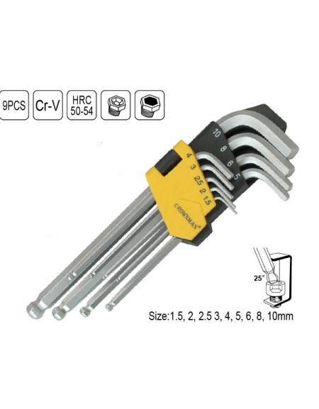 JEU 9 CLES MALES COUDEE TETE SPHERIQUE EXTRA LONG